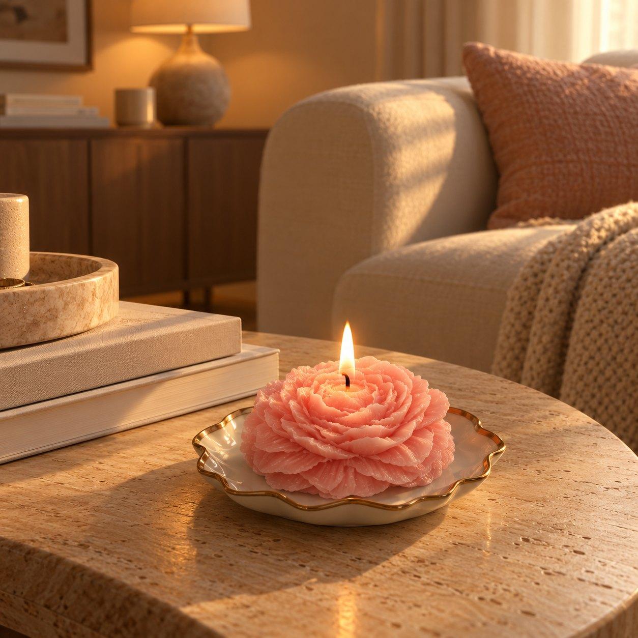 Pink flower-shaped Stories candle burning on a coffee table
