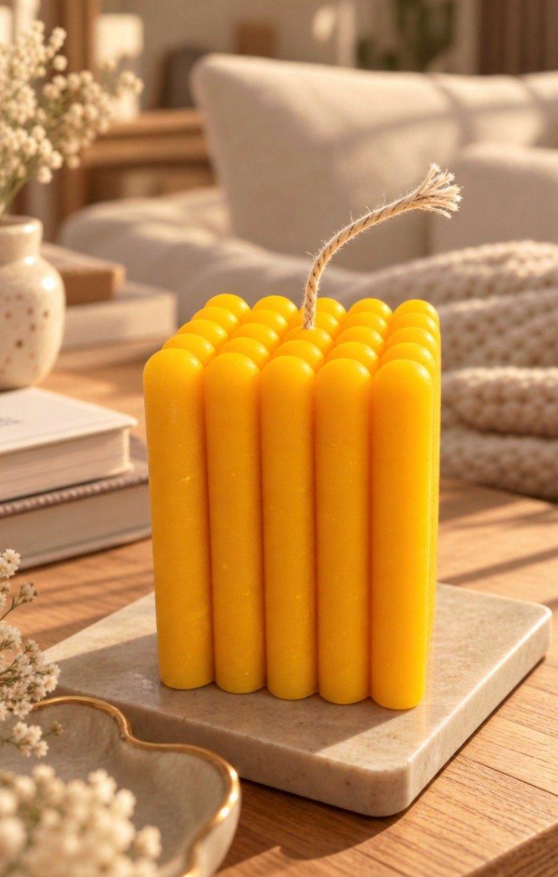 Bubble Cube Candle, a yellow square candle of rounded ribs, on a stone tray