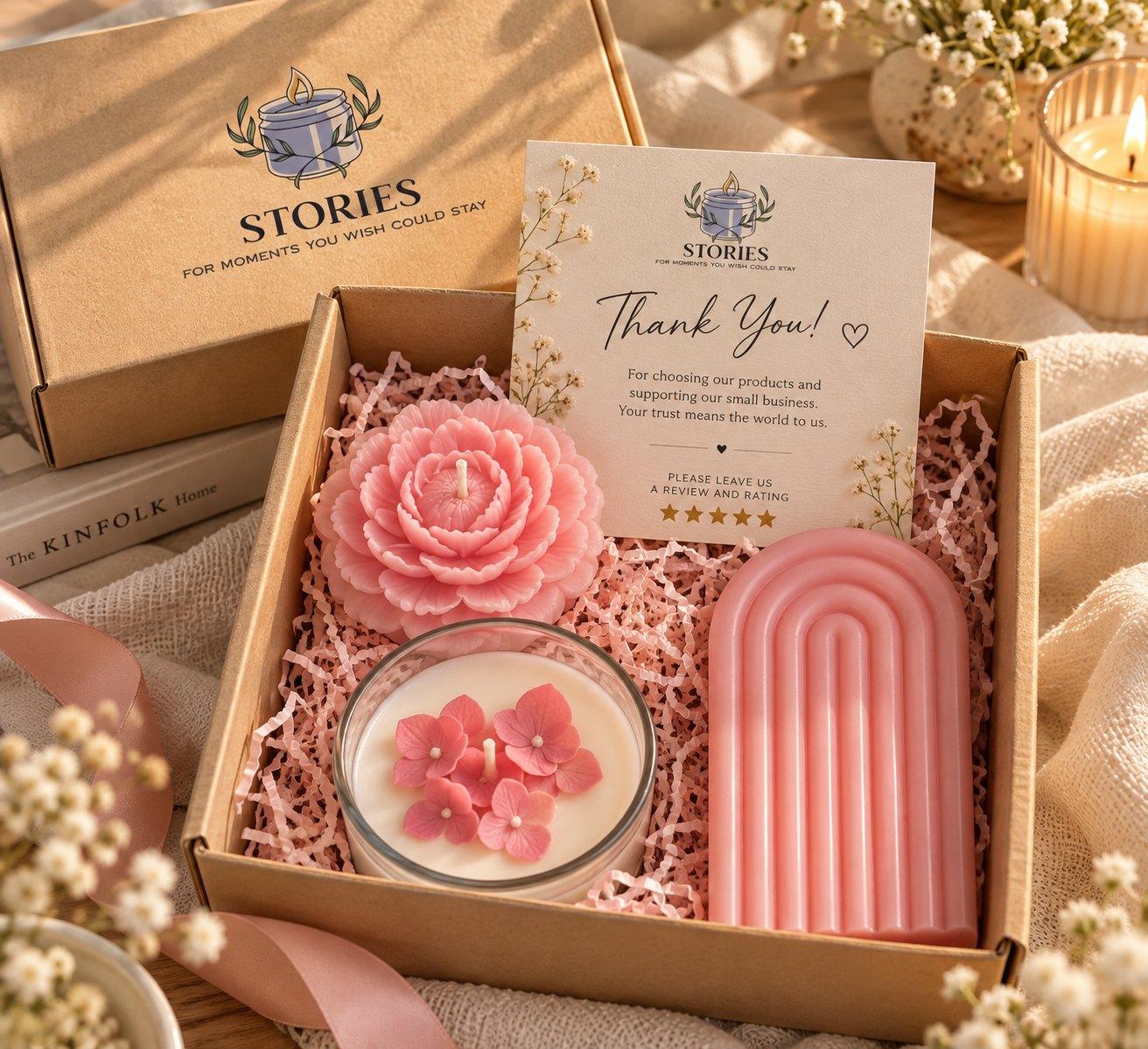 Stories gift box with a pink peony candle, a jar candle topped with wax flowers and a pink arch candle, beside a Stories-branded box and thank-you card