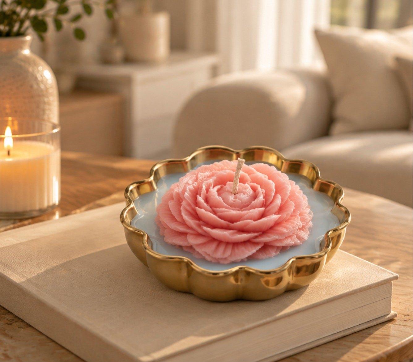 Rose Brass Jar Candle: a pink wax rose in a scalloped gold-rimmed dish, on a book on a coffee table