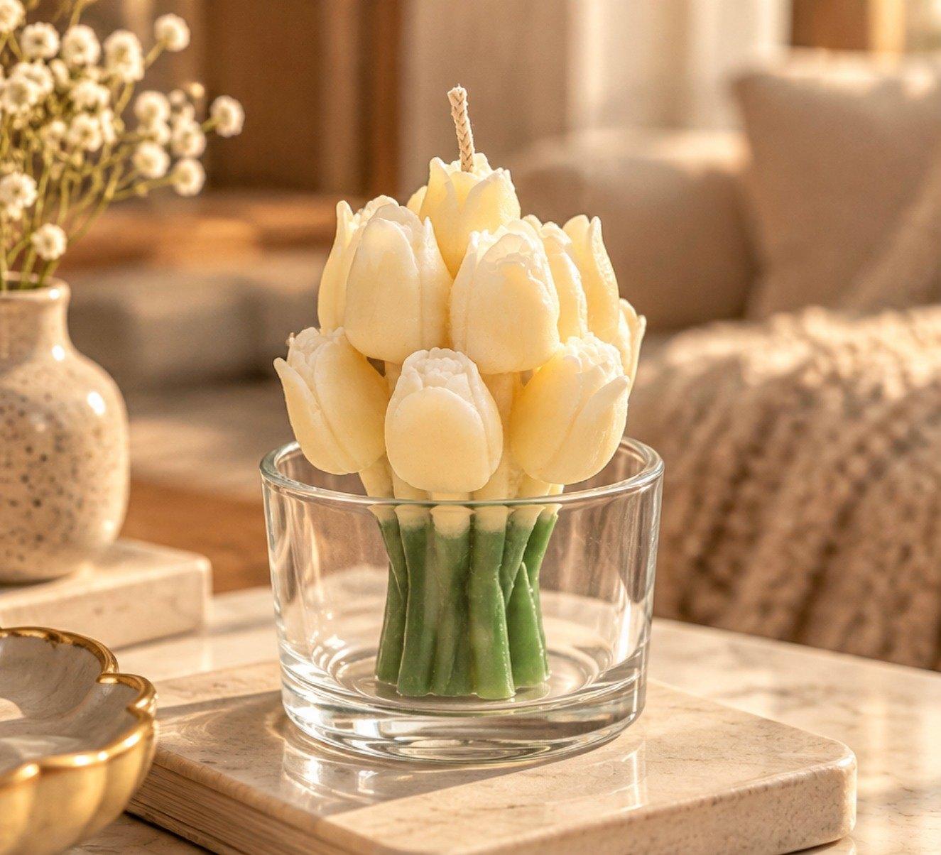 Tulip Jar Candle, cream wax tulips on green stems in a clear glass jar
