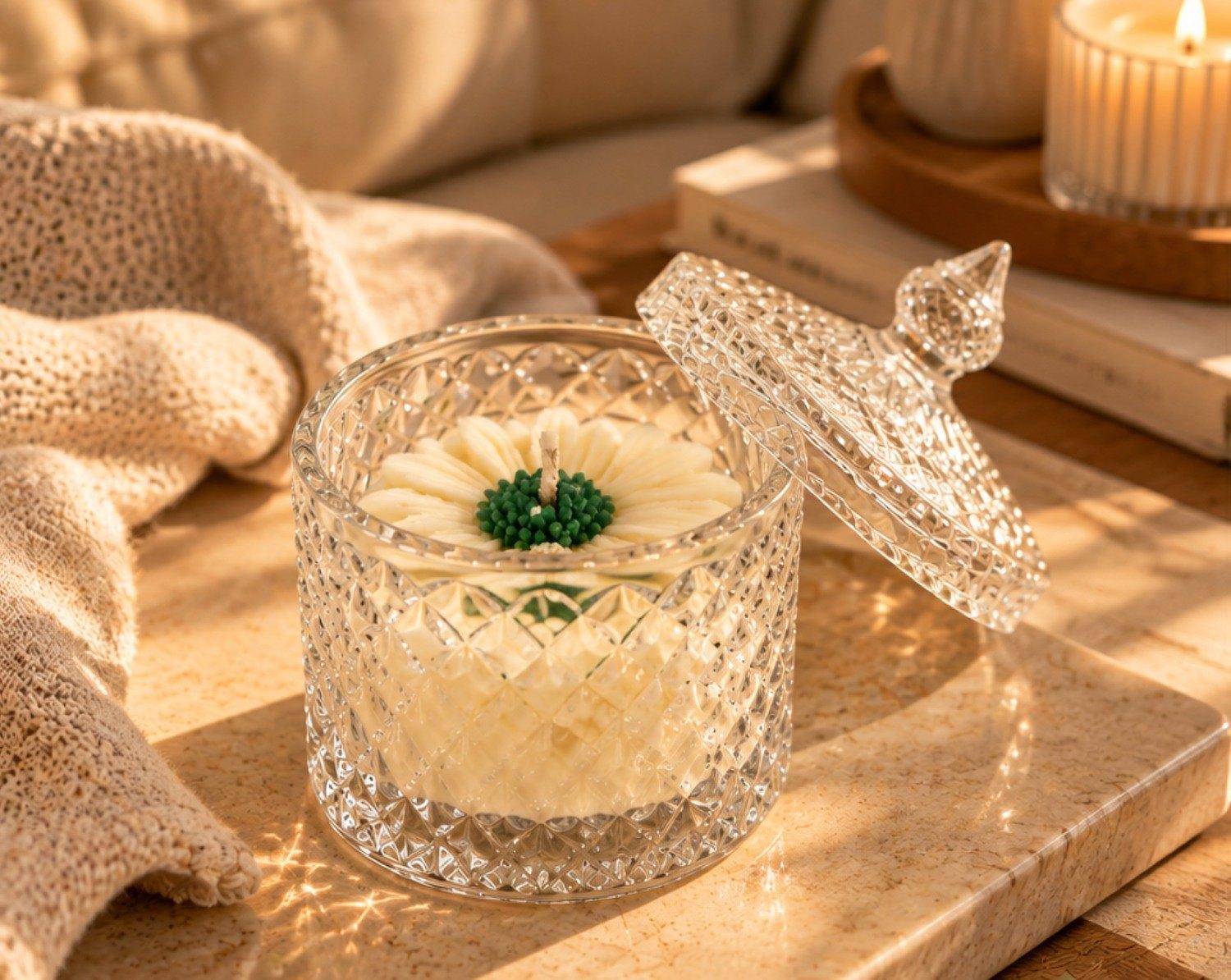 Vanilla Jar Candle with its lid open, a white wax flower inside the cut-glass jar