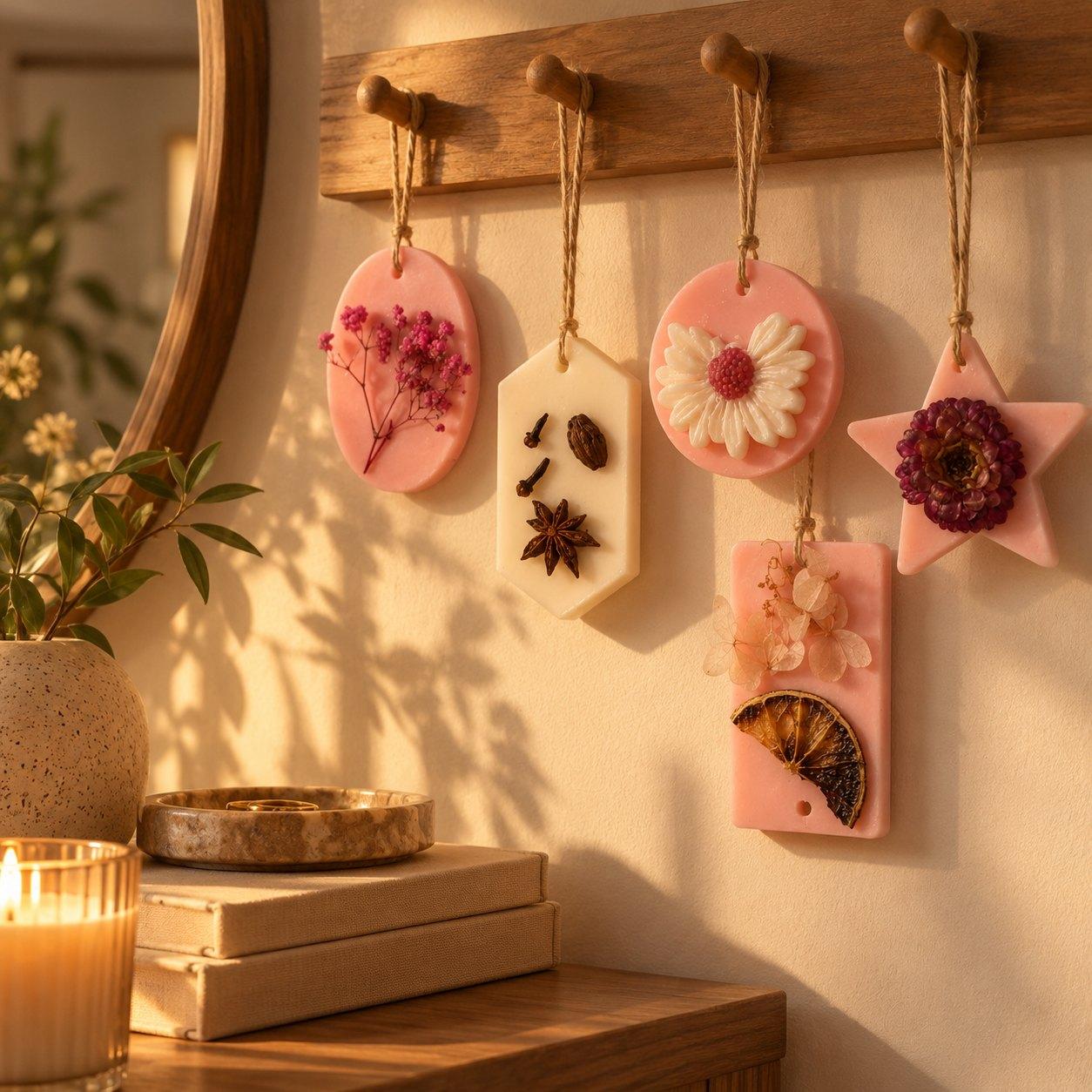 Scented wax sachets set with dried flowers and spices, hanging from wooden hooks